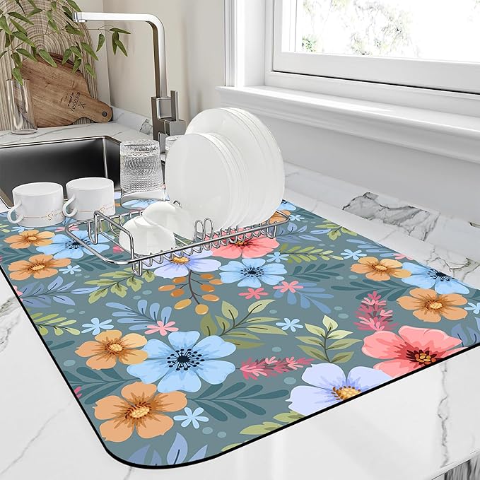 Dish Drying Mat Colorful Hand Draw Flowers Kitchen Mat 12"x19" Bsorbent Coffee Maker Mat for Dishes Utensils Coffee Maker Pots and Pans Easy Clean Dish Slip Resistant Pad