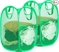 HOUSE AGAIN 2 Pcs Pop Up Laundry Hamper, Strong Mesh Laundry Baskets Collapsible, Hamper with Handles and Side Pocket, Portable Foldable Dirty Clothes for Dorm, Laundry room and Travel Storage, Green