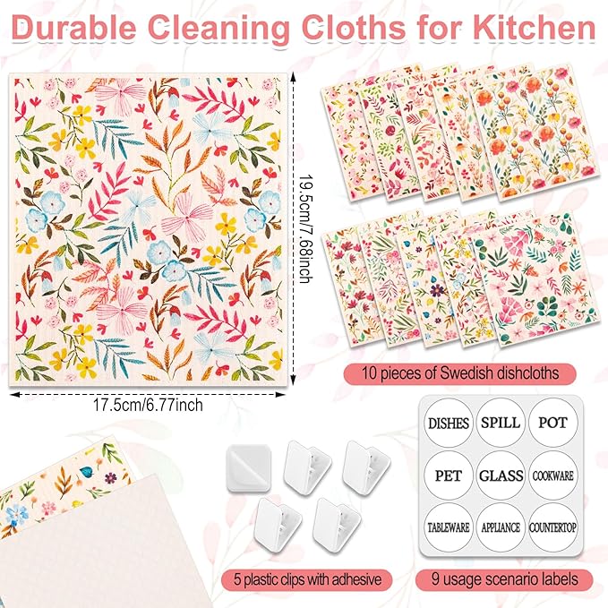 Lucomb 10 Pack Swedish Dishcloths with Hooks, Cellulose Reusable Kitchen Towels Super Absorbent Paper Towels Dish Cloth for Home Kitchen Dishes Cleaning (Quick Drying & Washable Decorative)