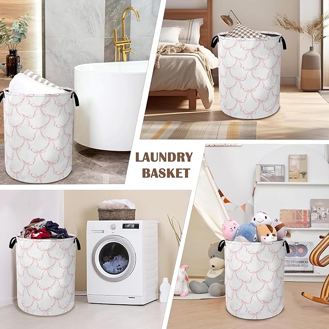 Cute Pink Bows Collapsible Laundry Baskets,Laundry Hamper,Storage Basket with Handles for Bathroom Bedroom College Dormitory Living Room Nursery Organizer 16"x20"