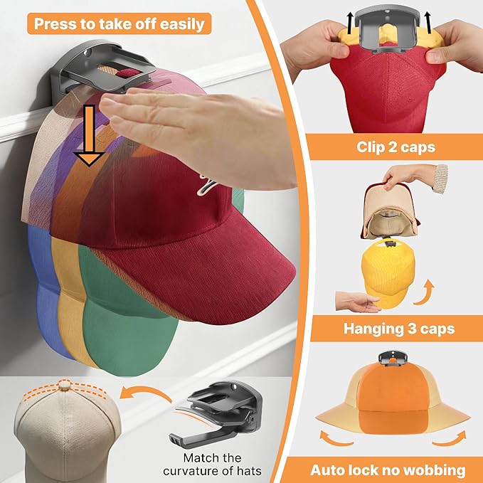 genicuts 8 Packs Hat Organizer ，Holds 40 Hats with Built-in Spring Clips & Hook for Baseball Caps - Wall Mount Closet Hat Rack Holder, Storage for Door/Closet Hat Hanger (Strong Adhesive & Screws)