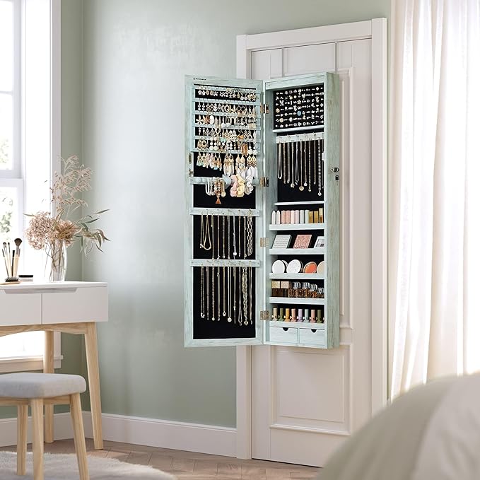 SONGMICS 6 LEDs Mirror Jewelry Cabinet, 47.2-Inch Tall Lockable Wall or Door Mounted Jewelry Armoire Organizer with Mirror, 2 Drawers, 3.9 x 14.6 x 47.2 Inches, Rustic Green UJJC93UJ