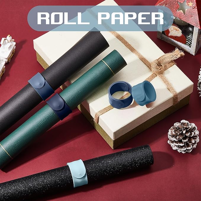 Charniol 12 Pieces Wrapping Paper Roll Holder Holiday Flip Wraps Silicone Covered Metal Strips Flip 1 x 9 Inch Stabilizer Slap Band for Poster Gift Paper Vinyl Storage Organize (Blue)