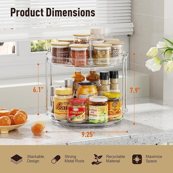 LazySpin 2 Tier Lazy Susan Organizer, 9.25'' Lazy Susan Turntable for Cabinet, Stackable Turntable Organizer Rotating Spice Rack Organization for Kitchen Countertop, Pantry, Bathroom, Clear