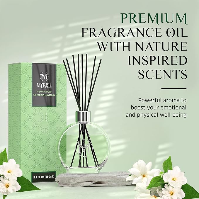 Gardenia Blossom Scented Reed Diffuser Set with 8 Rattan Diffuser Sticks, 150 ml, All Natural Air Freshener, Long-Lasting Diffusers at Home - MyrrhUSA
