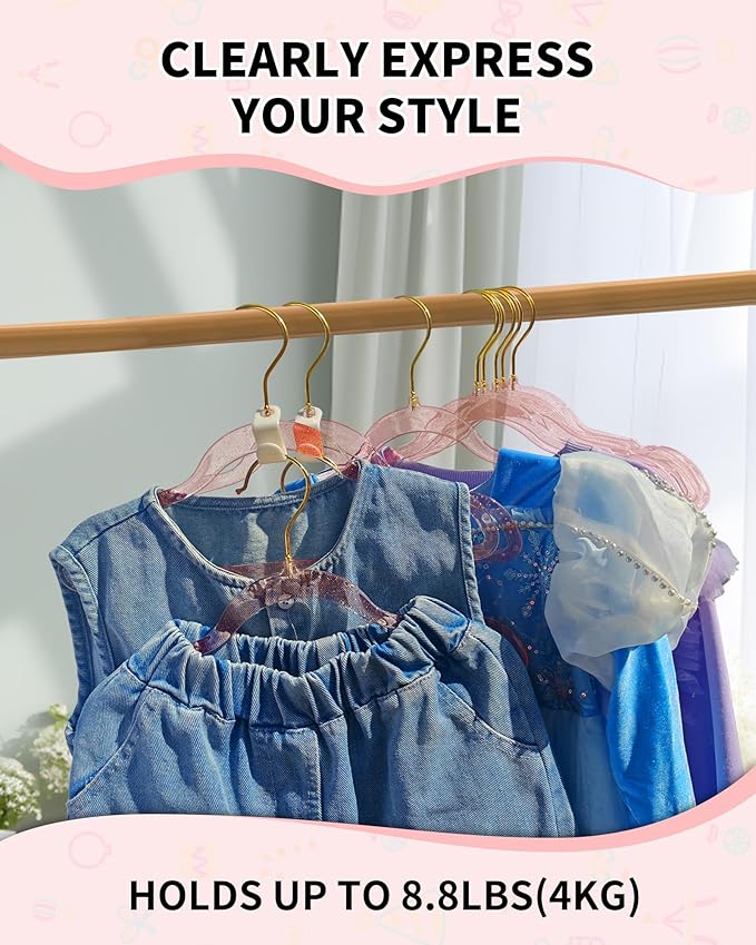 HGYZE Kids Hangers, Plastic Baby Clothes Hanger 50pcs Toddler Hangers, Clear-Pink Sparkling Hangar with Gold Glitter for Girl Nursery Children Coat Sweater, Small Hanger for Infant Newborn Closet