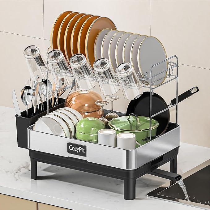 CosyPic 2 Tier Dish Drying Rack, Thicker Premium 304 Stainless Steel Dish Racks for Kitchen Counter, Automatic Drainage Spout, Dish Drainer & Drainboard Set with Utensil Holder and Cup Holder, Black