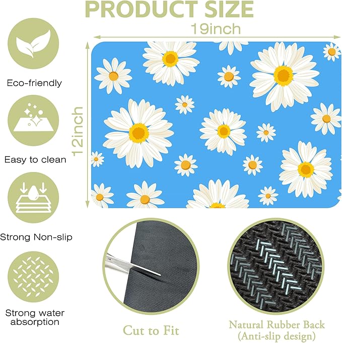 Kitchen Mat White Daisy Flowers Dish Drying Mat 12"x19" Bsorbent Coffee Maker Mat for Sink Dishes or Under Rack Kitchen Counter Accessories Absorbent Hide Stain Rubber Backed Dish Drying Pad
