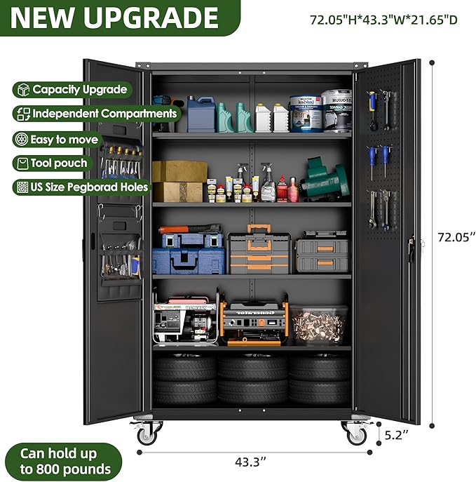 Black Metal Garage Cabinets with Wheels, 72.05” Lockable Rolling Storage Tool Cabinet with Wheels with Shelves&Pegboard&Hooks for Home Utility Room Warehouse, Assembly Required, Black
