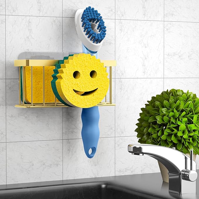 MURLONG Sponge Holder Smiley Face, Sink Caddy for kitchen Sink, Kitchen Organizer Sponge Holder with 2 PCS Suction Cups/1 PCS Adhesive Strips, Designed for Sponge, Soap, Dish brush, Scrubber-Gold