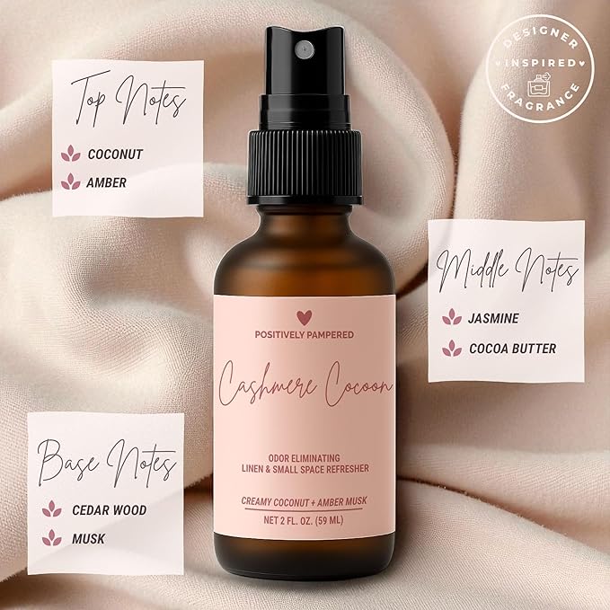 Cashmere Cocoon Luxury Small Space Air & Linen Freshener Spray - Creamy Coconut + Amber Musk - Artisan Blended Home Fragrance - Non Toxic Odor Eliminator - 2 oz Travel Size Room Spray