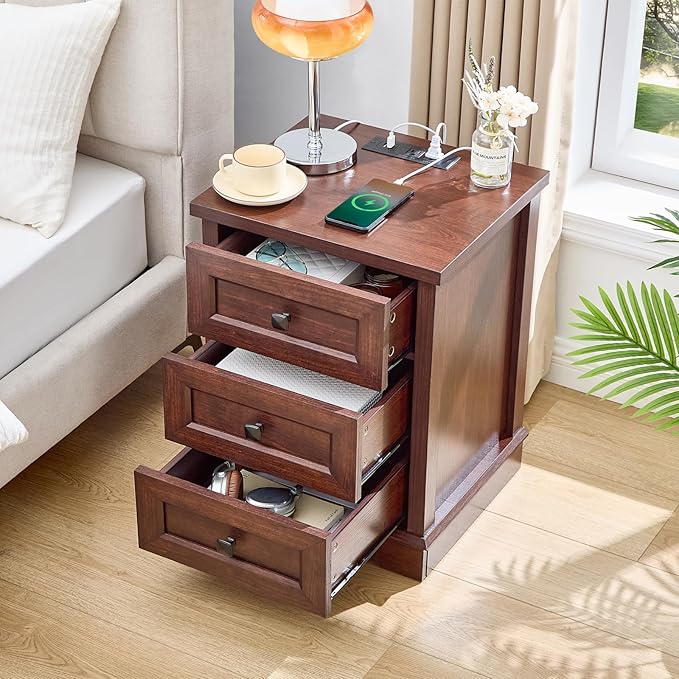 LIDYUK 3-Drawer Cherry Wood Dresser for Bedroom Farmhouse Dresser Chest of Drawers, 25" Tall Nightstand with Charging Station Chest of Drawers for Bedroom, Living Room