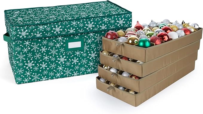 Covermates Keepsakes Adjustable Ornament Storage Box – Heavy-Duty Polyester, Padded Dividers & FlexGrid Trays – Protective Holiday Organizer with Stackable Walls & Label Window, Green Snowflake