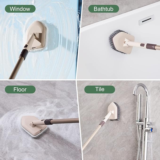 Eyliden Floor & Tub Scrub Brush, 2-in-1 Shower Floor Scrubber - 1 Stiff Bristles Brushes & 2 Non-Scratch Pads, 180°Swivel Head, 49" Adjustable Handle - Deep Cleaning Tub Bathroom Tile Kitchen Sink