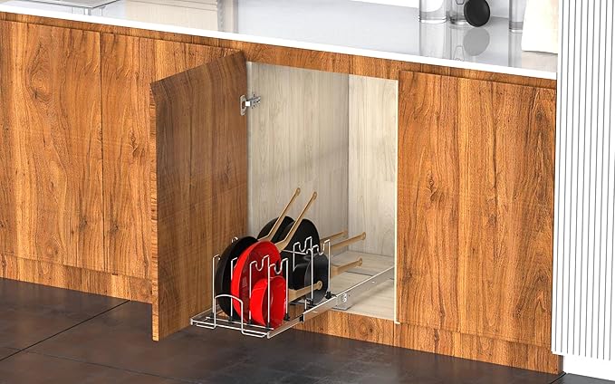 STORKING Pots and Pans Pull Out Organizer Under Cabinet, Adjustable Slide Out Pan and Pot Lid Rack Holder, Wire Dividers Kitchen Organization And Storage, Full-Extension Rail 12" W X 20" D