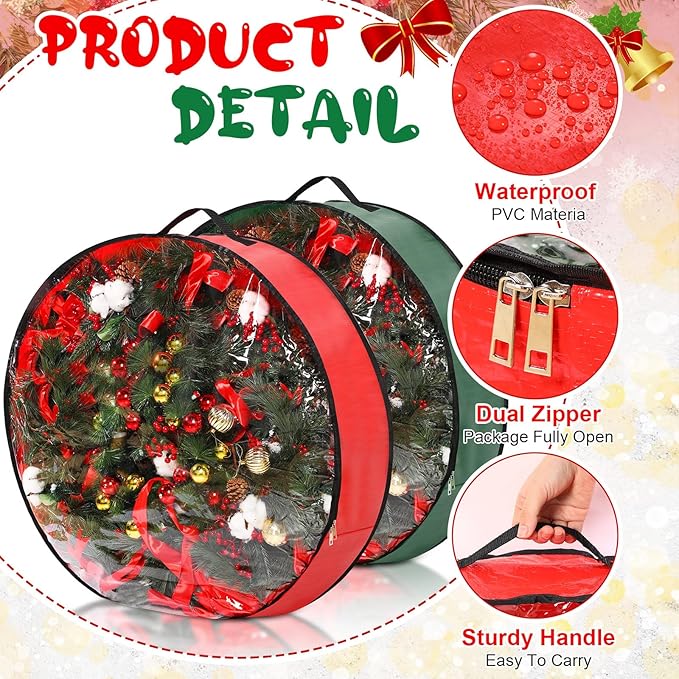 Aliceset 4 Pack Wreath Storage Containers, Christmas Ornament Garland Wreath Storage Bags with Handle Dual Zipper Large Decorative Storages Box for Winter Wreaths(30 x 30 x 7.8 Inch,Red, Green)