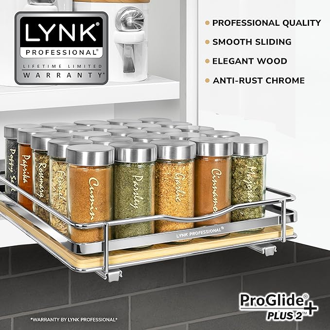 LYNK PROFESSIONAL® Élite™ Pull Out Spice Rack Organizer for Inside Kitchen Cabinets - 10-3/8 inch Wide - Slide Out Drawer – Wood/Chrome Sliding Spice Cabinet Organization Shelf Racks - 1 Tier