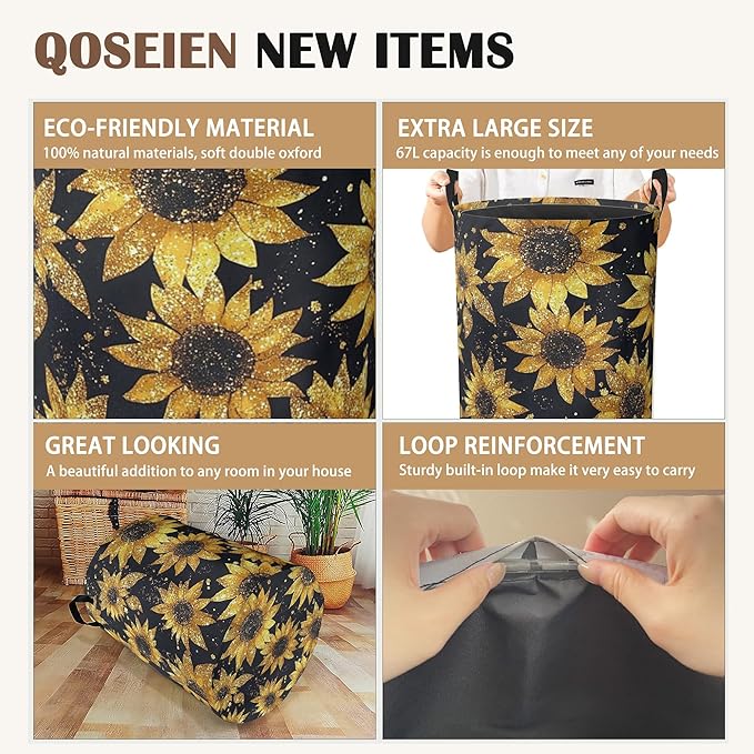 Laundry Basket,Sunflower Collapsible Laundry Baskets,Waterproof Oxford Hamper with Handles for Bathroom Bedroom Nursery Home Storage 16"x20"