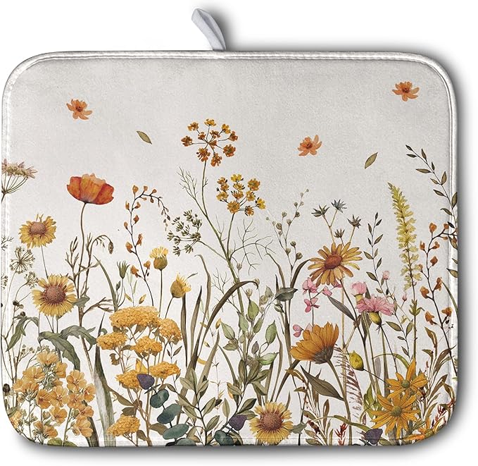 Kwlegh Fall Floral Dish Drying Mat for Kitchen Counter Autumn Burnt Orange Wild Flowers Dish Draining Mat Absorbent Microfiber Dishes Pad Washable Dish Drainer Rack Mat Medium 16"x18"