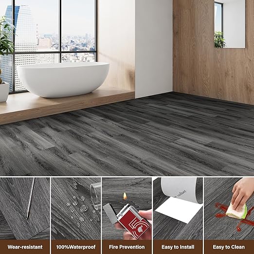 Peel and Stick Floor Tile, INMOZATA Self Adhesive Vinyl Plank Flooring Wood Grain Look 36-Pack 54 Sq.Ft Grey Waterproof Tile Sticker for Bedroom, Living Room, Kitchen, RV (Dull Gray)