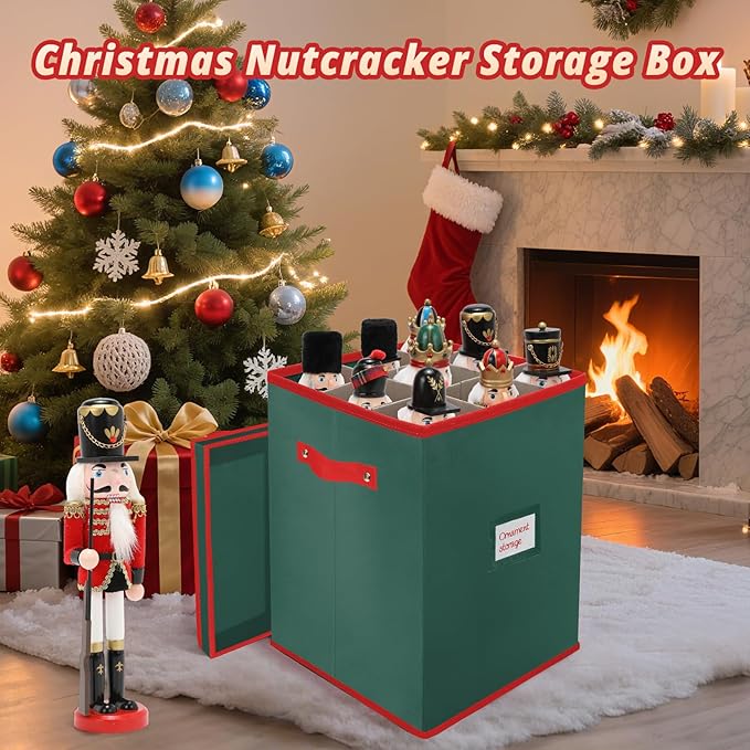 Christmas Nutcracker and Figurine Storage Box, Keeps 9 16" Tall Holiday Nutcrackers, Figurines, and More -Xmas Decor Collectible Organizer with Adjustable Dividers, 600D Oxford Fabric Tear-Proof