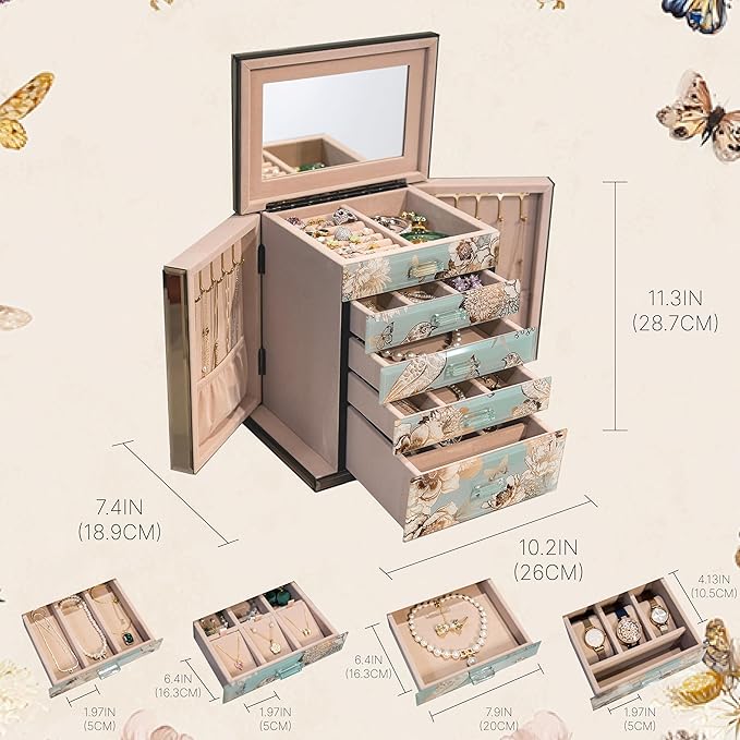 High End Glass Jewelry Box - 5 Layer Jewelry Organizer with 2-Sided Doors and Mirror - Velvet-Lined Organizer For Ring, Necklace, Earring, Bracelet Storage -Valentine's Day Gift For Women