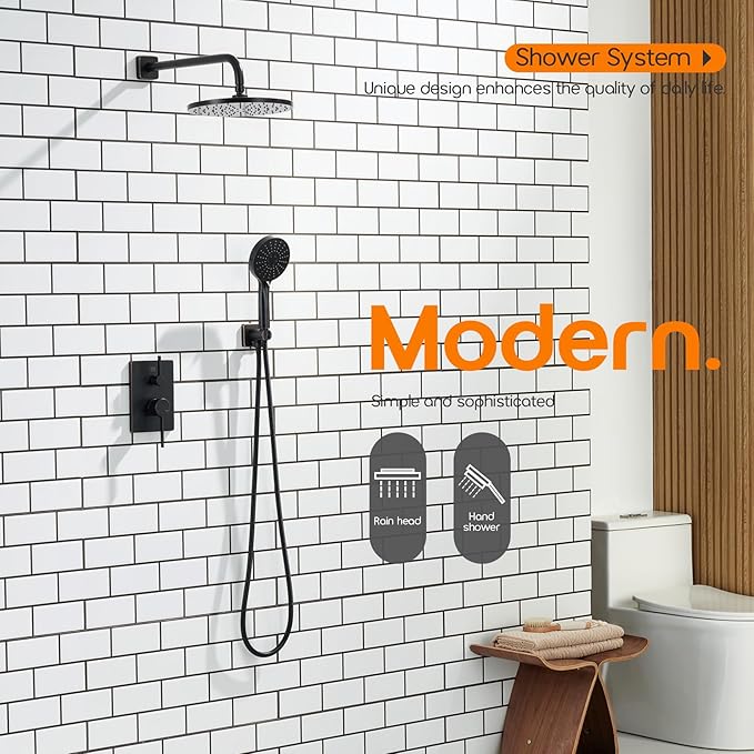 Bathroom Shower System Included Pressure Balancing Shower Mixer Valve, 10'' Rain Shower Head, 3-Setting Handheld Spray, Wall Mounted Oil-Rubbed Bronze SF001ORB-D10