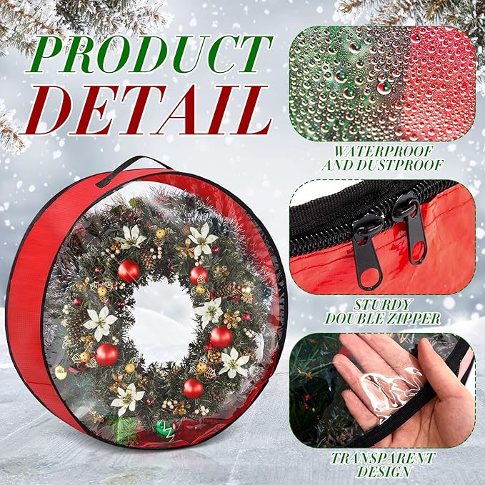4 Pcs Christmas Wreath Storage Bag, Christmas Garland Storage Container with Clear Window, Zipper & Handle for Xmas Holiday Seasonal Wreath Garland Box(Red,24")