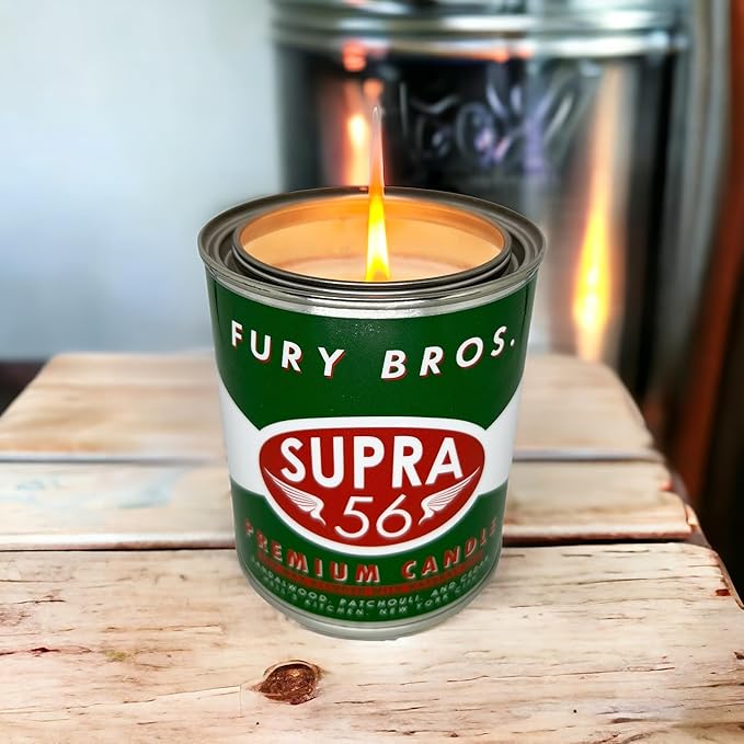 Fury Bros. Scented Candles for Men | Supra 56 | Sandalwood Patchouli Cedar | Natural Soy Wax | Hand-Poured in The USA | Long 70-80 Hour Burn (12.5 oz) | Vintage-Inspired Tin Design | Dad Home Gift