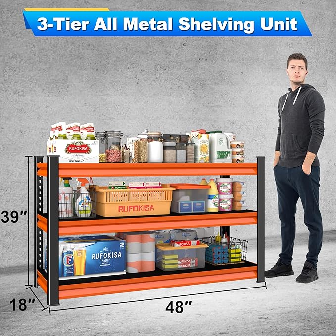 Rufokisa 3-Tier Garage Shelving Heavy Duty,48" W Metal Shelving Unit for Garage,1600lbs Load Capacity Utility Rack Shelves & Shelves,48" W x 18" D x 39" H(Red)