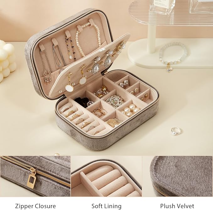 CASEGRACE Plush Velvet Travel Jewelry Box, Portable Jewelry Case for Women Girls, Double Layer Jewelry Organizer Display Box for Necklace Earring Rings Bracelet, Travel Accessory Gifts, Grey