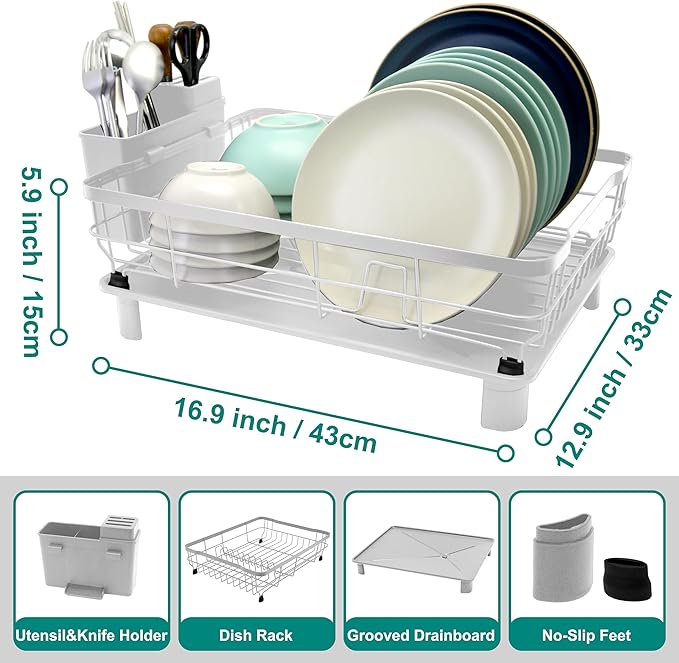 Goderewild Dish Drying Rack for Kitchen Counter,Space-Saving Dish Rack with Drainboard,Rustproof Countertop Dish Drainer with Utensil Holder for Sink,White