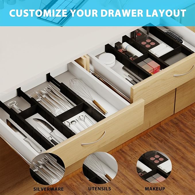 GZOOGHOME 6 Pack Bamboo Drawer Dividers with 12 Inserts, Expandable Adjustable Clothes Drawer Organizers and Storage from 17" to 22" for Kitchen, Bedroom, Dresser, Cosmetics (Black)