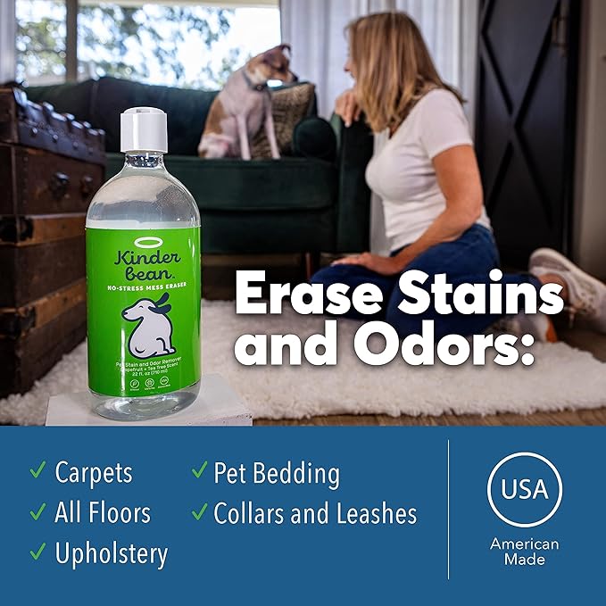 Kinderbean Dog & Cat Urine Stain and Odor Eliminator for Carpet, Upholstery, Hard Floors - Single 32 oz., Grapefruit & Thyme Scent, Enzyme Bio-Active Formula with Squeeze and Spray Top