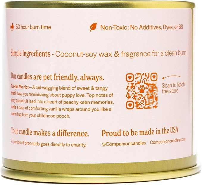 Companion Candles Pet-Friendly Wood Wick Candle - “Anywhere with You” Grapefruit & Vanilla, Coconut Soy Wax Scented, Over 50 Hr Burn Time, Non-Toxic, Women-Owned, Made in USA (11.8 oz.)