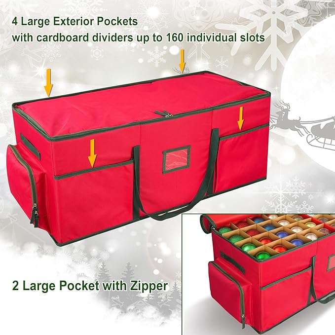 Christmas Ornament Storage Box -Up to 160 Holiday Ornaments with Adjustable Dividers & 6 Pockets Large Capacity Storage Container for Christmas Decorations Toys Gift Wrap Organizer