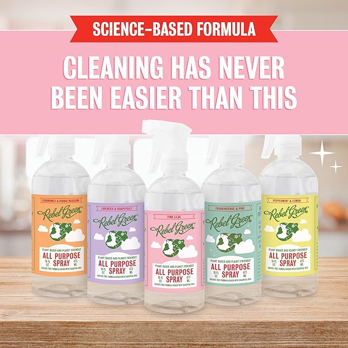 Rebel Green Natural All-Purpose Cleaning Spray - Plant-Based Multi-Surface Cleaner with Essential Oils for Kitchen, Bath, Countertops and More - Pink Lilac Scent - 16 oz - 2 Pack