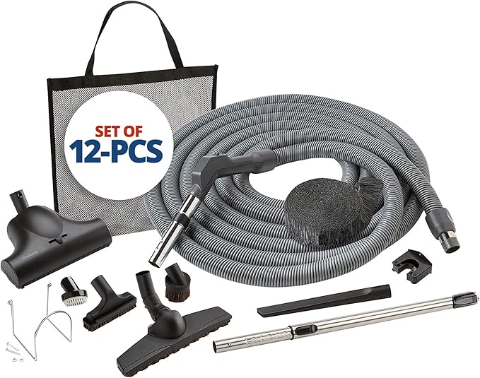Central Vac System Carpet and Bare Floor Air Turbine Pet Care Attachment Set for Cleaning Home, Includes 30FT Crushproof Hose, Air turbine and Soft-Bristle Brush, Crevice Tool, Wand & Mesh Storage Bag