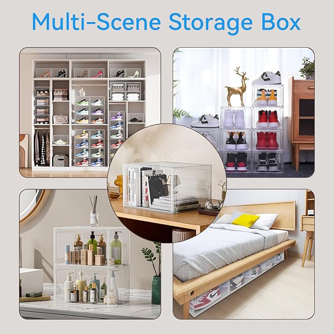 Large Clear Shoe Storage Boxes Stackable, 12 Pack Hard Plastic Shoe Storage Organizer with Magnetic Door, Shoe Container Sneaker Storage Display Case Fit up to US Size 12 Clear