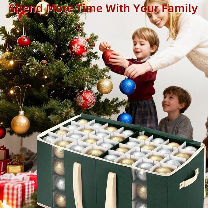 inin Christmas Ornament Storage Box with Adjustable Dividers,Christmas Ornaments Organizer with Zipper,Storage Container Bin with Side Pockets for Holiday Decorations(128 Ball, Green, Without Tray)