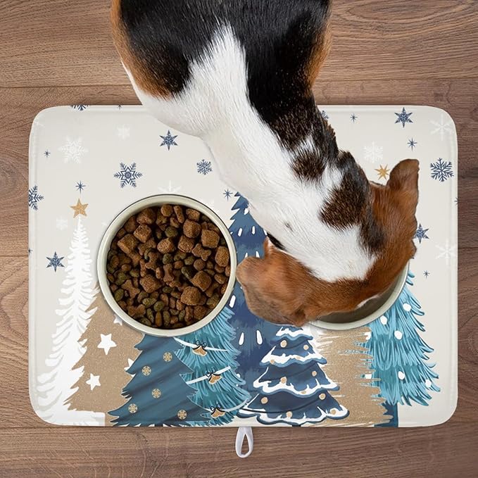 Christmas Tree Dish Drying Mat for Kitchen Counter 24x18 Inch Xmas Snowflake Drying Mat with Absorbent Reversible Microfiber House Blue Trees Dish Drainer Mats Rack Pad for Coffee Countertop Protector