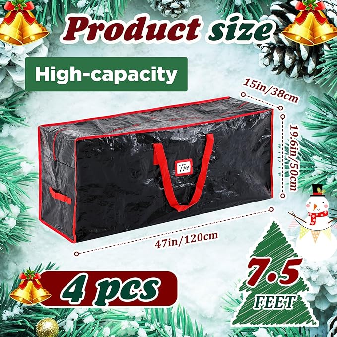 Amylove 4 Pcs Large Christmas Tree Storage Bags Heavy Duty Xmas Zippered Bags Bulk Waterproof Plastic Christmas Tree Container with Carry Handles(7.5 ft,Black)