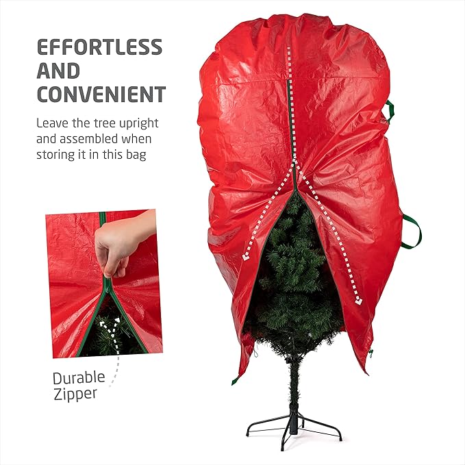 ZOBER Upright Christmas Tree Storage Bag With Drawstring Hem- Fits 7.5 Ft Trees - Plastic, Waterproof Christmas Tree Bag For Storage Box For Xmas - Strong, Durable Handles - Red