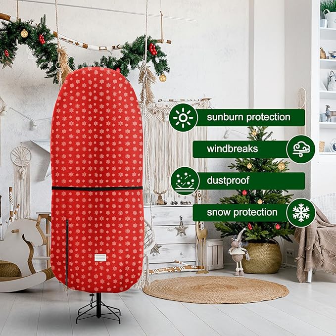 Upright Christmas Tree Storage Bag,Tear Resistant Adjustable Xmas Tree Storage Cover for 9 FT Assembled Tree with Ornaments,Christmas Tree Cover Waterproof - Snow Printing Red