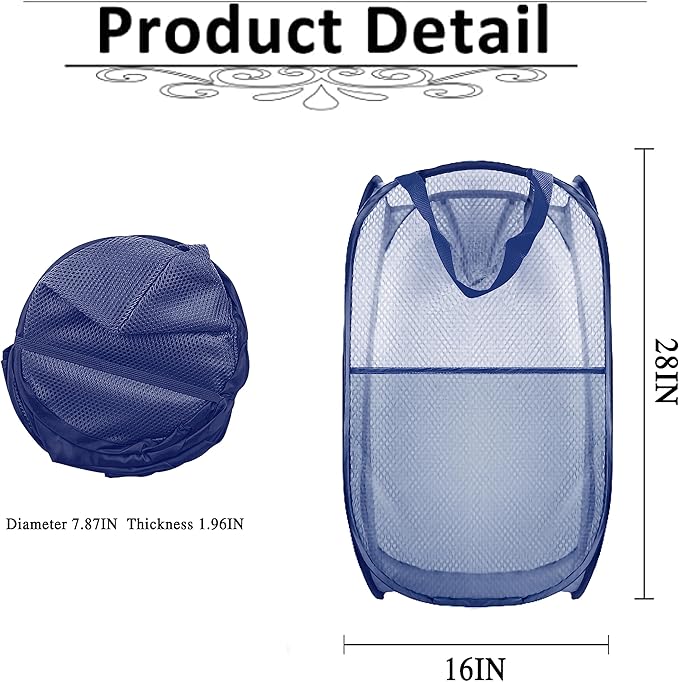 Buyongwant Collapsible Pop Up Laundry Hamper, Extra Large Mesh Foldable Laundry Basket, 28" x 16" x 16" (Blue)