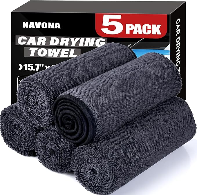 Navona 5 Pack Microfiber Car Drying Towels – Ultra Absorbent, Lint-Free Multi-Purpose Cloths for Car Wash, Bathroom Body Drying, Kitchen Cleaning & Sports Sweat Wiping