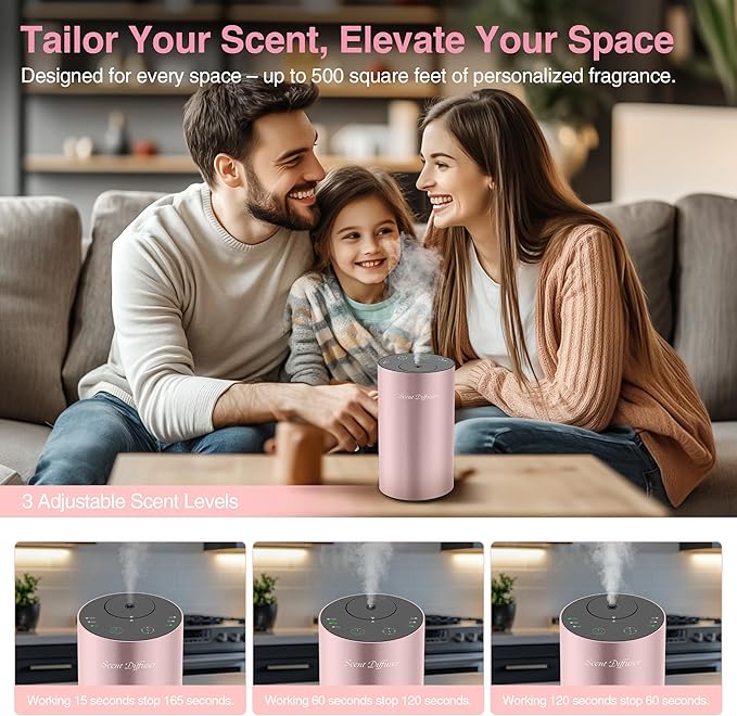Waterless Essential Oil Diffuser Starter Kit - No Water Needed, Battery Operated Mini Scent Air Machine, Included 3x20ML Essential Oils, Portable Aromatherapy Diffuser for Home & Car & Office, Pink