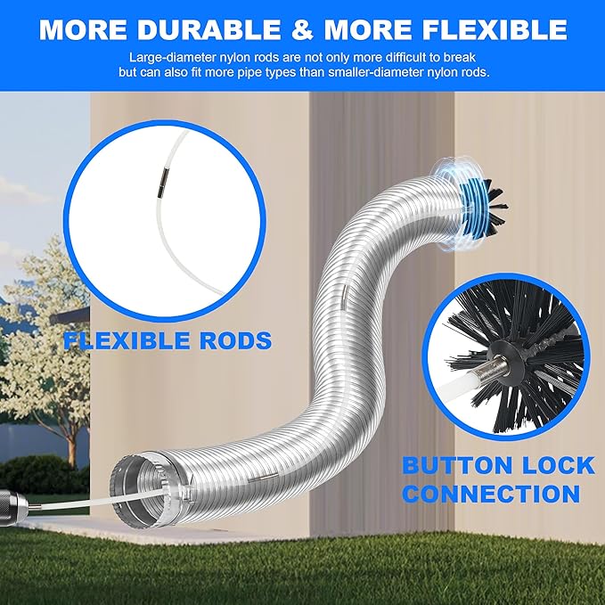 AOGYikang 30 Feet Dryer Vent Cleaning Brush Kit, Multi-Purpose lint Cleaning Brush with 4" and 6" Brush Head, Professional Lint Cleaning Accessories for Chimneys, Ducts, Dryers, Crevices