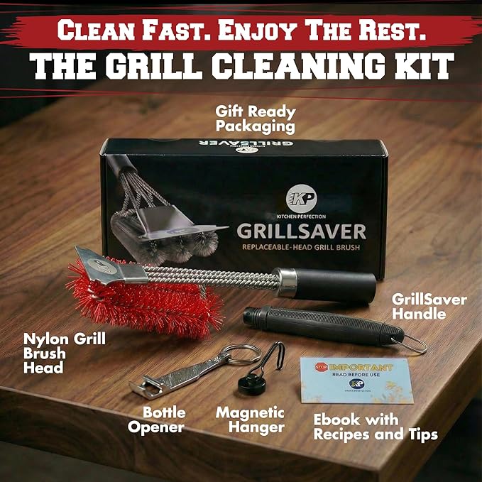 KITCHEN PERFECTION Nylon GrillSaver - Safe BBQ Grill Brush with Replaceable Cleaning Head -Heavy-Duty Grill Cleaner w/Scraper for Porcelain & Ceramic Grates, Includes Magnetic Hanger & Bottle Opener