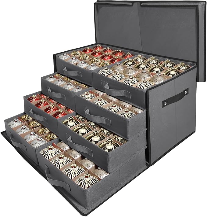 WDZREE Premium Large Christmas Ornament Storage,Box with Side Open, Drawer Style Trays - 3" Compartment, 8 Trays, Keeps 128 Holiday Ornaments -Made of Durable 600D Oxford Fabric Tear-Proof Material